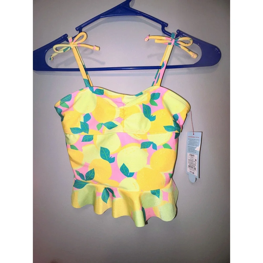 Cat & Jack Girls Lemon Print Tankini Swim Top Yellow Pink Size S 6-7 NWT